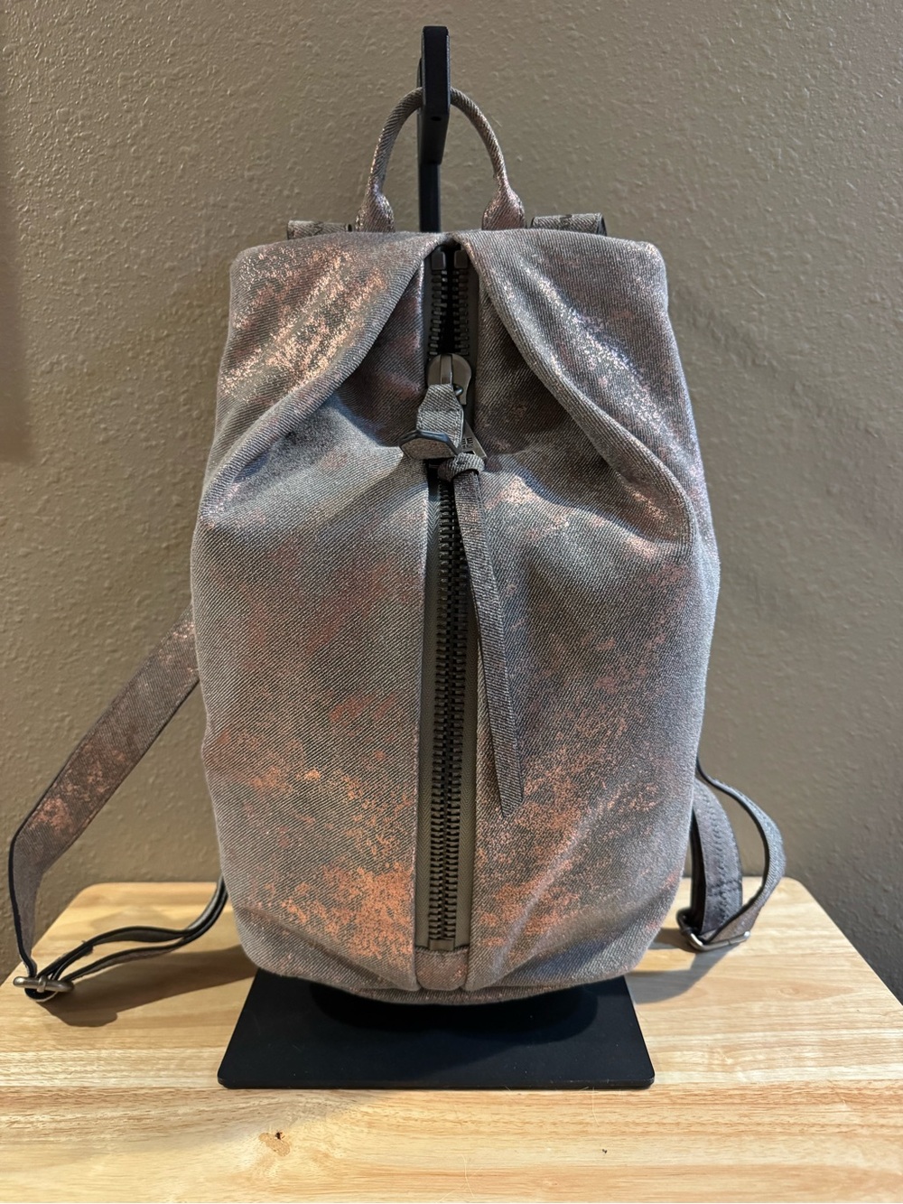 Aimee Kestenberg Metallic Rose Gold Leather Backpack with Center Zip
